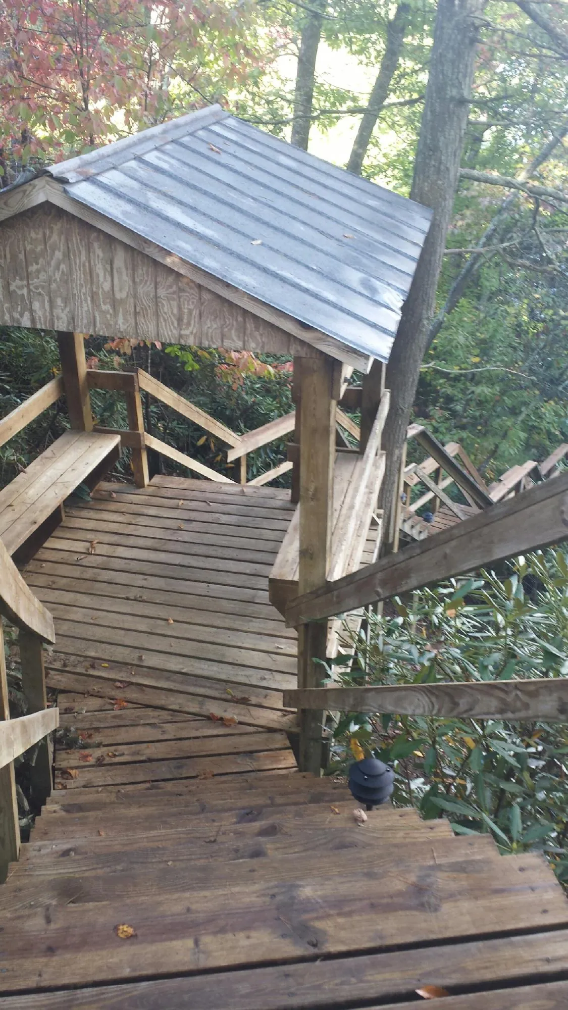 Metal roofed shelter over wooden steps on a wooded walkway — Skylight Repair & Installation work by our crew in Blackville